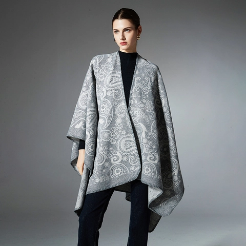 Dames Vintage Paisley Jacquard Poncho Sjaal Wolmix Open Voorkant Middellange Boheemse Warme Cape Herfst Winter