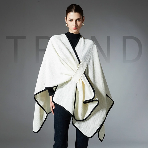 Damen Waffelstrick Schal Umhang Elegant Polyester Wickelcape Mit Kontrastierendem Schwarzem Rand Bindegürtel Warme Cape