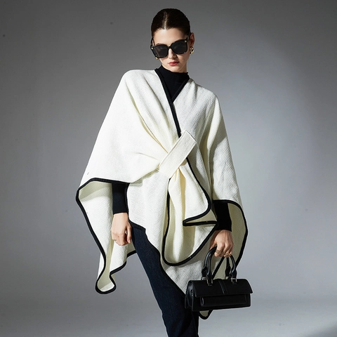 Damen Waffelstrick Schal Umhang Elegant Polyester Wickelcape Mit Kontrastierendem Schwarzem Rand Bindegürtel Warme Cape