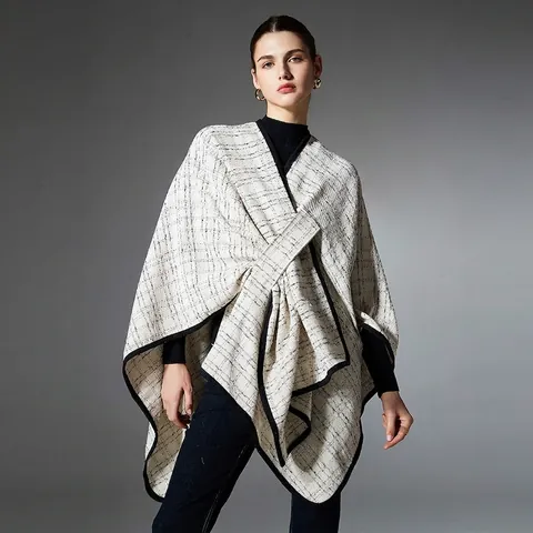Dames Geruite Sjaal Poncho Wrap Winter Warm Gebreid Rasterpatroon Mantel Contrastrand Open Voorzijde Cardigan