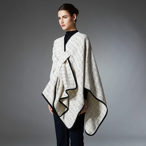 Dames Geruite Sjaal Poncho Wrap Winter Warm Gebreid Rasterpatroon Mantel Contrastrand Open Voorzijde Cardigan