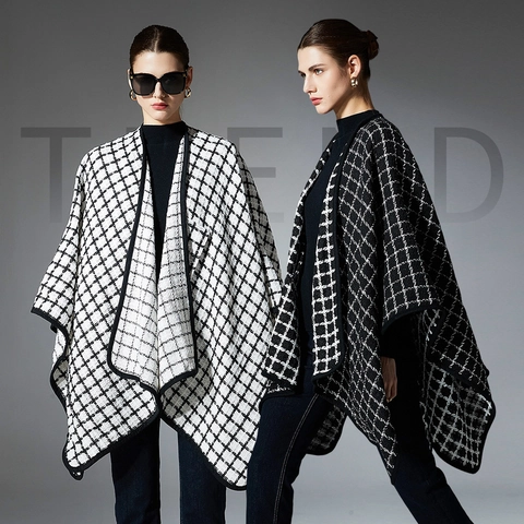 Chal Poncho a Cuadros para Mujer Elegante Envoltura de Punto Con Ribete en Contraste Cálido Invierno Otoño Capa Casual Ropa de Abrigo