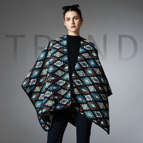 Damen Vintage Poncho Schal Mit Ethnischem Geometrischem Druck Winter Warm Jacquard Azteken Stil Oversize Cape Wickelmantel