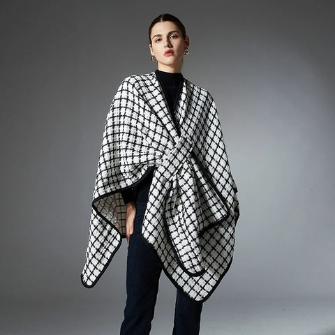 Chal Poncho a Cuadros para Mujer Elegante Envoltura de Punto Con Ribete en Contraste Cálido Invierno Otoño Capa Casual Ropa de Abrigo