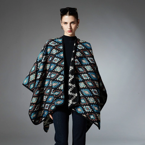 Damen Vintage Poncho Schal Mit Ethnischem Geometrischem Druck Winter Warm Jacquard Azteken Stil Oversize Cape Wickelmantel