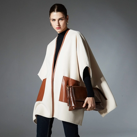 Luxus Damen Ledertasche Schal Cape Umhang Übergroß Vorne Offen Warm Viskose Polyester Mischung Winter Schal Oberbekleidung
