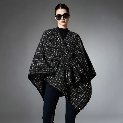 Elegantes Damen Weihnachten Tweed Poncho Schultertuch Überkreuzt Schleife Pailletten Glitzer Warm Winter Cape Oberbekleidung