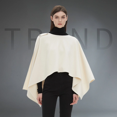 Women Elegant Solid Color Asymmetric Button Shawl Cape Poncho Warm High Neck Knit Wrap For Autumn Winter