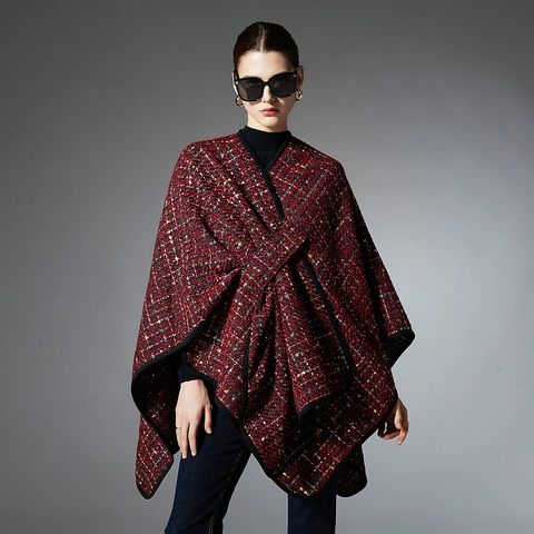 Elegantes Damen Weihnachten Tweed Poncho Schultertuch Überkreuzt Schleife Pailletten Glitzer Warm Winter Cape Oberbekleidung