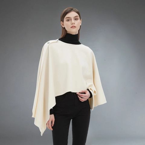 Women Elegant Solid Color Asymmetric Button Shawl Cape Poncho Warm High Neck Knit Wrap For Autumn Winter