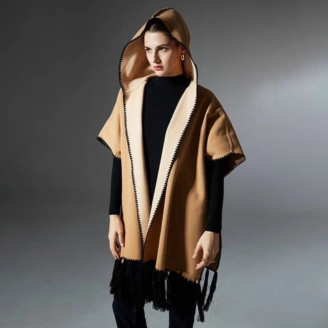 Poncho Scialle Con Cappuccio Donna Cammello Blocco Di Colore Nappine Invernali Mantella In Maglia Per Abbigliamento Casual