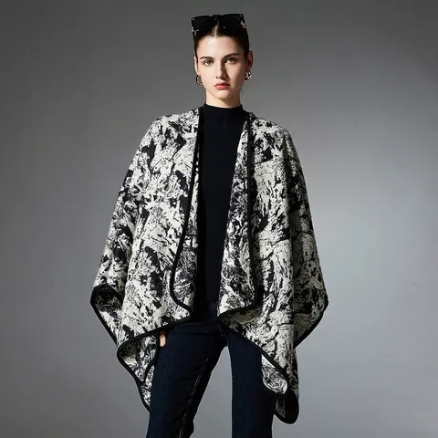 Damen Nordischer Stil Oversize Strickschal Poncho Tuschemalerei Abstraktes Muster Warmes Cape Wickeljacke Strickjacke Offene Vorderseite