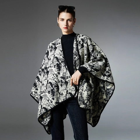 Damen Nordischer Stil Oversize Strickschal Poncho Tuschemalerei Abstraktes Muster Warmes Cape Wickeljacke Strickjacke Offene Vorderseite