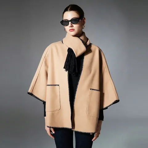 Damen Casual Winter Schal Jacke Poncho Mit Taschen Quaste Wellenschliff Einfarbig Whipstitch Dicke Cape Oberbekleidung