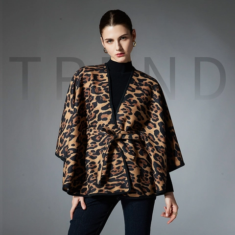Damen Eleganter Leopardenmuster Schal Mit Gürtel Mittellanges Cape Wrap Für Winter Warm Modische Fledermausärmel Oberbekleidung