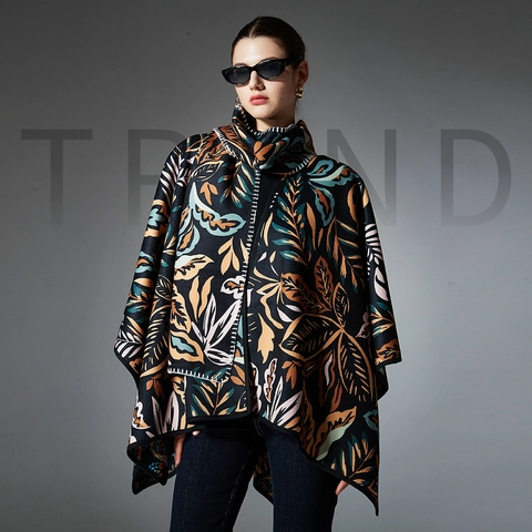 Scialle Poncho in Maglia Con Stampa Vintage Paisley e Foglie Tropicali per Donna Caldo Mantello Reversibile Aperto Davanti Accessorio Invernale