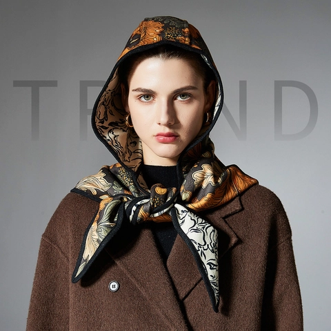 French Vintage Botanical Floral Print Balaclava Hooded Shawl Scarf Women Autumn Winter Warm Double Sided Pattern Cape Wrap