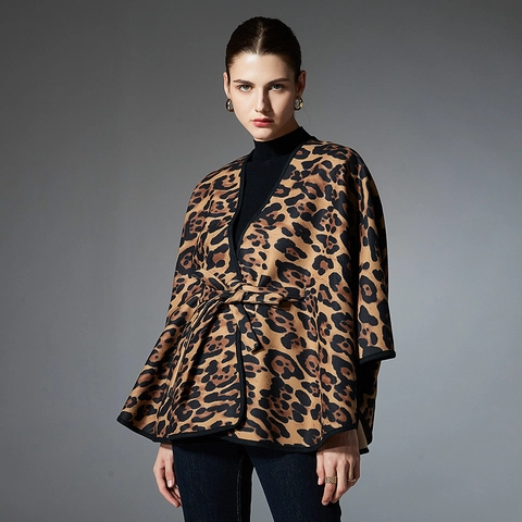 Damen Eleganter Leopardenmuster Schal Mit Gürtel Mittellanges Cape Wrap Für Winter Warm Modische Fledermausärmel Oberbekleidung
