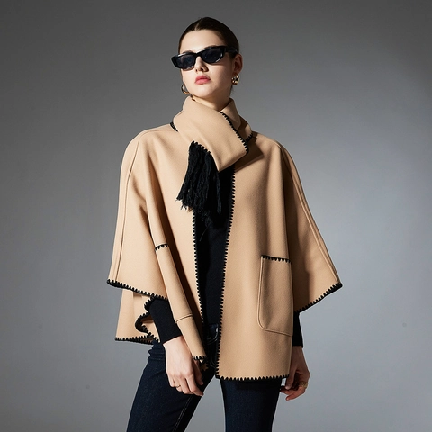 Damen Casual Winter Schal Jacke Poncho Mit Taschen Quaste Wellenschliff Einfarbig Whipstitch Dicke Cape Oberbekleidung