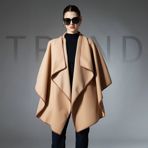 Women's Fashion Camel Solid Color Shawl Poncho With Contrast Piping Winter Warm Elegant Large Wrap Cape
