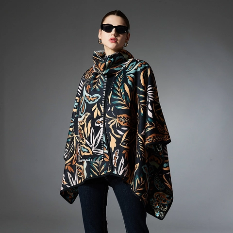 Scialle Poncho in Maglia Con Stampa Vintage Paisley e Foglie Tropicali per Donna Caldo Mantello Reversibile Aperto Davanti Accessorio Invernale