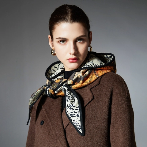 French Vintage Botanical Floral Print Balaclava Hooded Shawl Scarf Women Autumn Winter Warm Double Sided Pattern Cape Wrap