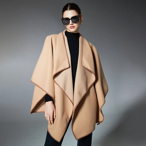 Women's Fashion Camel Solid Color Shawl Poncho With Contrast Piping Winter Warm Elegant Large Wrap Cape