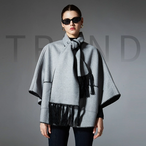Chal con Bolsillo Cálido para Invierno Mujer con Bufanda Integrada Borlas Bordado de Punto de Ojal Poncho Grueso Envolvente