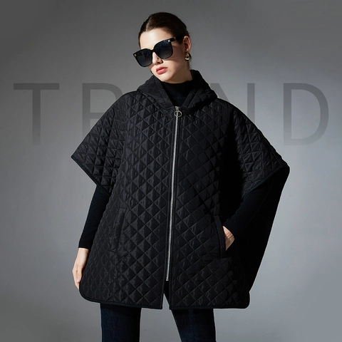 Poncho Trapuntato da Donna Con Cappuccio Cerniera Motivo a Diamante Scialle Caldo Mantella Invernale Antivento Nero