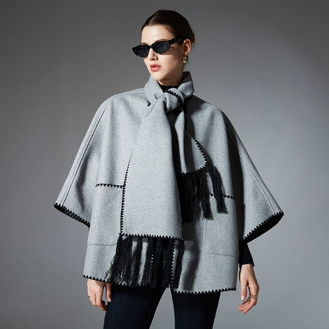 Chal con Bolsillo Cálido para Invierno Mujer con Bufanda Integrada Borlas Bordado de Punto de Ojal Poncho Grueso Envolvente