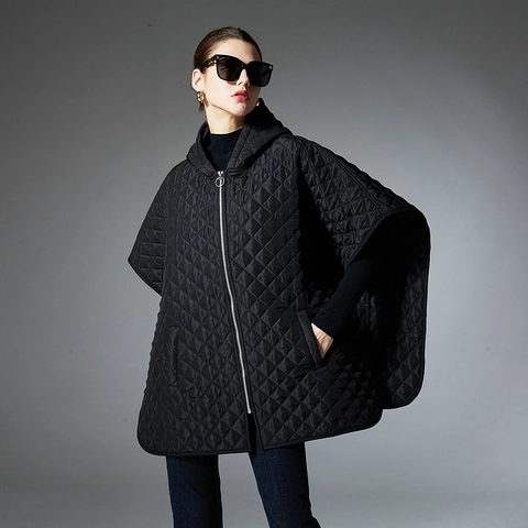 Poncho Trapuntato da Donna Con Cappuccio Cerniera Motivo a Diamante Scialle Caldo Mantella Invernale Antivento Nero