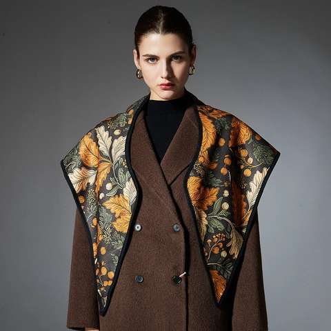 Scialle Triangolare da Donna Vintage con Stampa Floreale a Foglia Elegante Effetto Satine Jacquard Doppio Lato per Autunno Inverno