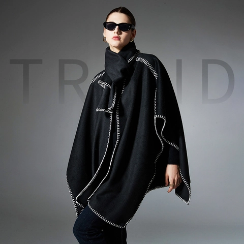 Damen Kontrast-Peitschenstich Cape Und Schal Set Minimalistischer Nordischer Stil Warmer Weicher Viskose-Misch-Schal Wrap Oberbekleidung