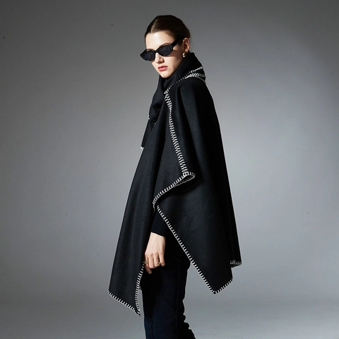 Damen Kontrast-Peitschenstich Cape Und Schal Set Minimalistischer Nordischer Stil Warmer Weicher Viskose-Misch-Schal Wrap Oberbekleidung
