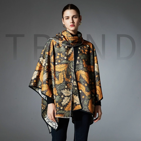 Chal Poncho Reversible Vintage de Doble Cara para Mujer Estampado Floral de Hojas de Otoño Frente Abierto Capa Cálida Joyería