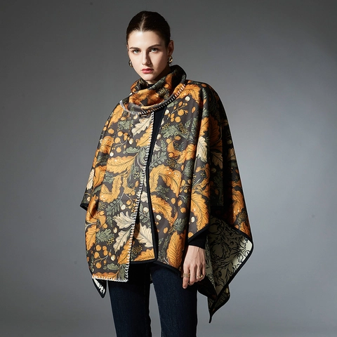 Chal Poncho Reversible Vintage de Doble Cara para Mujer Estampado Floral de Hojas de Otoño Frente Abierto Capa Cálida Joyería