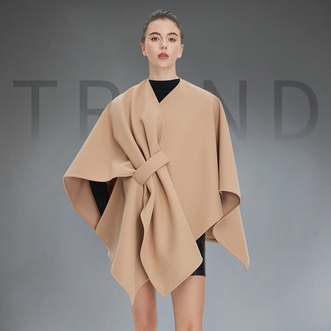 Women Elegant Camel Poncho Shawl Sleeveless Solid Color Bow Knot Outerwear Warm Winter Cape Fashion Casual Wrap Coat