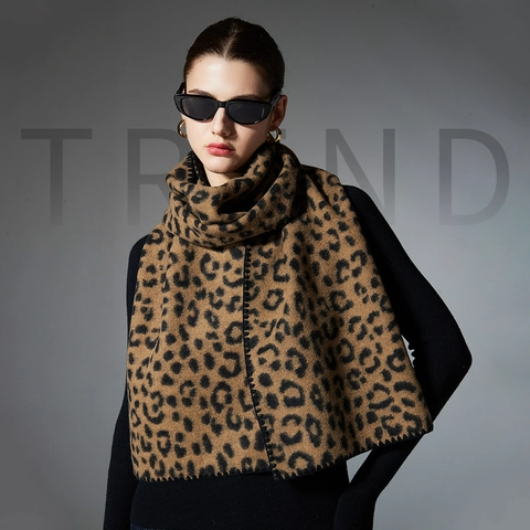 Écharpe d'Hiver à Imprimé Léopard pour Femmes Châle Pashmina Chaud Et Épais À Bord Surjeté Premium Café Léopard