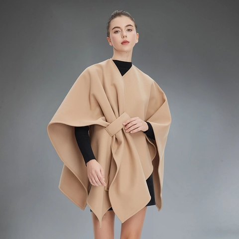 Women Elegant Camel Poncho Shawl Sleeveless Solid Color Bow Knot Outerwear Warm Winter Cape Fashion Casual Wrap Coat