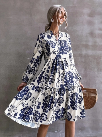 Damen Elegant V-Ausschnitt Langarm Laternenärmel Blumenmuster Midi Kleid Bohemian Gestuftes A-Linie Lässiges Urlaubs Kleider