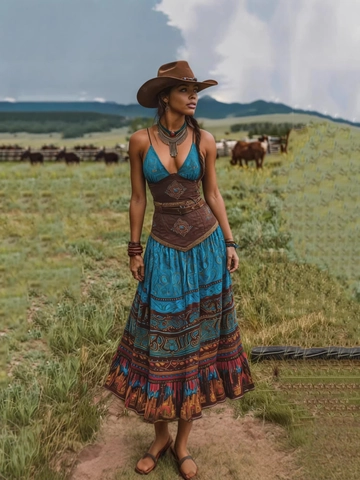 Γυναικείο Vintage Μποέμ Western Φόρεμα με Εθνικό Τύπωμα Λαιμόκοψη V Αμάνικο Μάξι Φόρεμα Καλοκαιρινές Διακοπές Μακρύ Φόρεμα Χωρίς Ζώνη