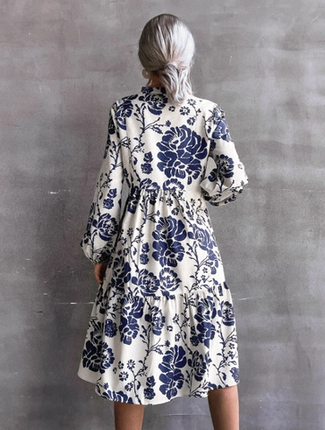 Damen Elegant V-Ausschnitt Langarm Laternenärmel Blumenmuster Midi Kleid Bohemian Gestuftes A-Linie Lässiges Urlaubs Kleider