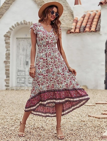 Vestido Largo Bohemio para Mujer Estampado Floral Cuello en V Mangas con Volantes Casual Playa Vacaciones Dobladillo Irregolare