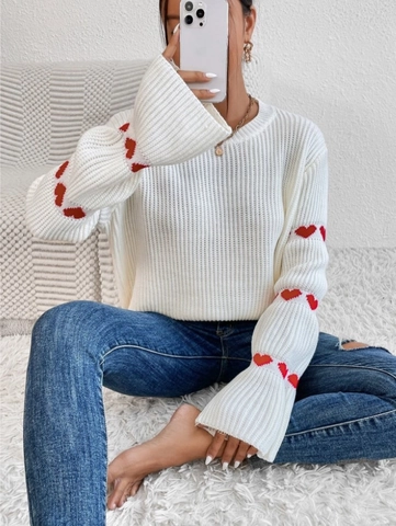 Pull en Maille Femme Motif Cœur Intarsia Coupe Ample Manches Cloche Col Rond Pullover Décontracté Style Doux Tricots Manches Longues