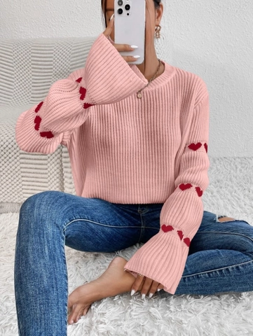 Pull en Maille Femme Motif Cœur Intarsia Coupe Ample Manches Cloche Col Rond Pullover Décontracté Style Doux Tricots Manches Longues