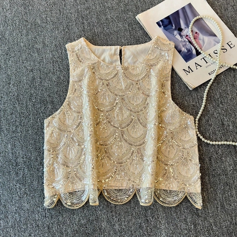 Damen Glitzer Pailletten Ärmellos Tank Top Elegant Rundhals Netz Weste Mit Muschelsaum Für Party Abend Clubwear