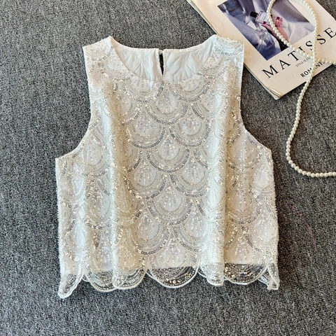 Damen Glitzer Pailletten Ärmellos Tank Top Elegant Rundhals Netz Weste Mit Muschelsaum Für Party Abend Clubwear