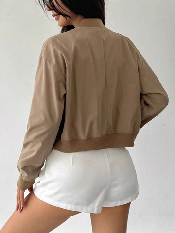 Women Casual Solid Color Drop Shoulder Short Bomber Jacket Lightweight Loose Baseball Coat With Flap Pocket Stand Collar