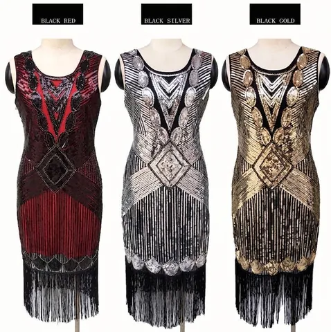 Damen Vintage 1920er Gatsby Flapper Pailletten Quasten Kleid Netz Geometrisch Art Deco Ärmellos Midi Abend Bankett Party Kleid