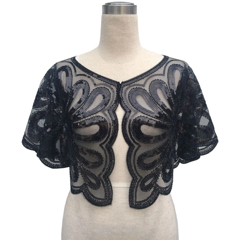 Damen Vintage Pailletten Netzgewebe Schal Bolero Für Abendparty Hochzeit Wellenkante Paillettenstickerei Netz Capelet Top
